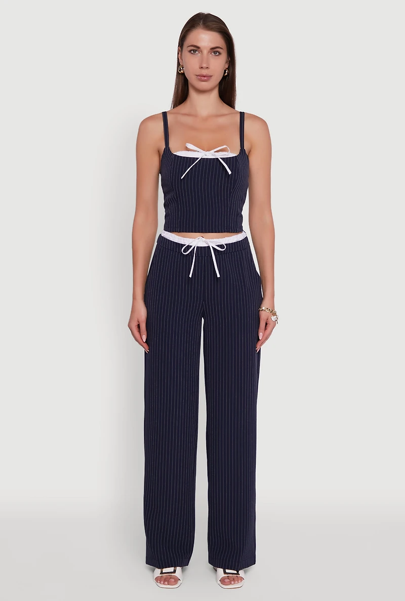 Womens Iris Pinstripe High Waisted Wide Leg Pants with Tie Front, S