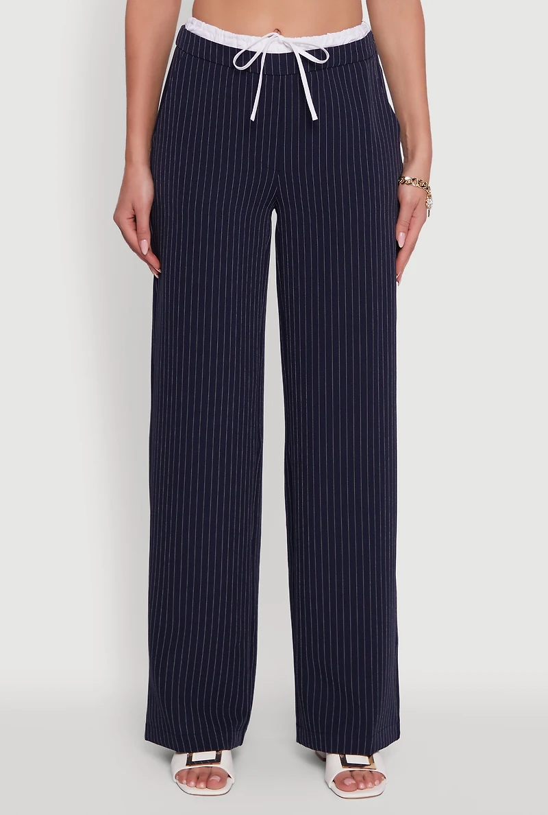 Womens Iris Pinstripe High Waisted Wide Leg Pants with Tie Front, S