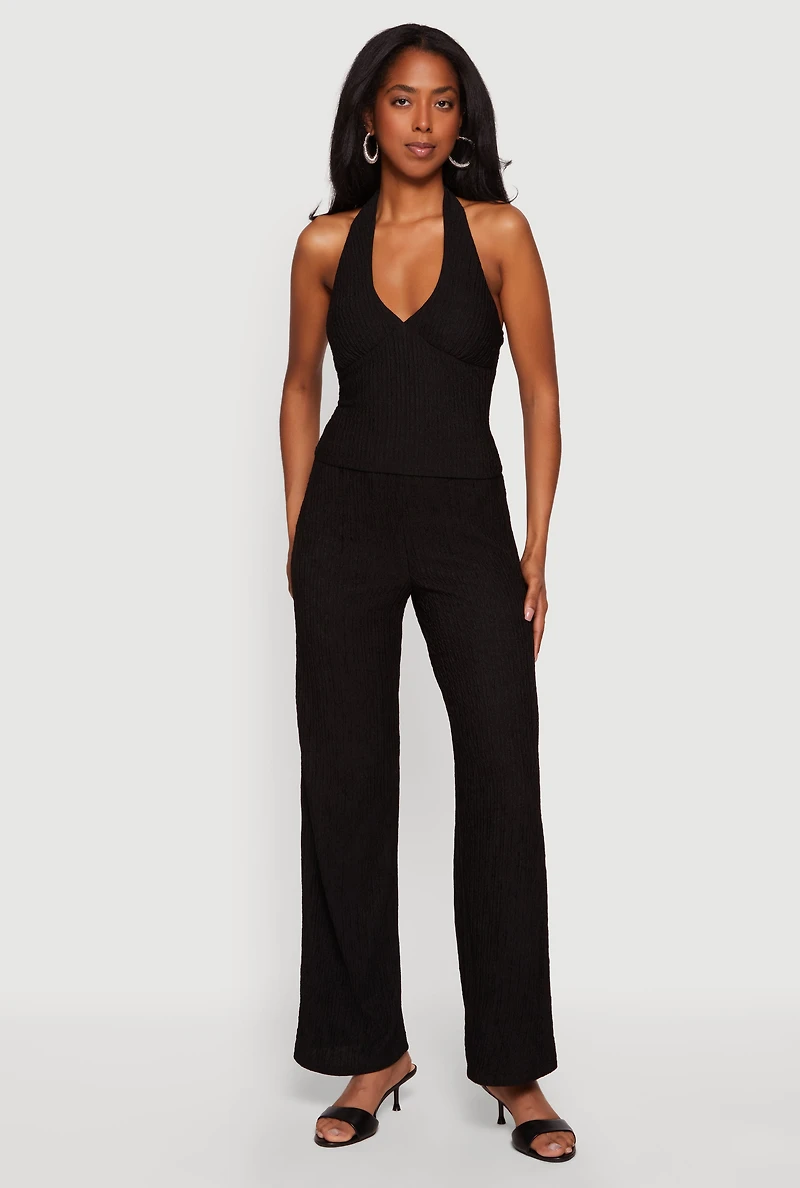 Textured Knit Button Back Keyhole Halter Top