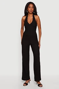 Textured Knit Button Back Keyhole Halter Top