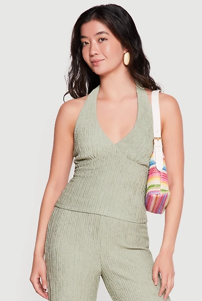 Textured Knit Button Back Keyhole Halter Top