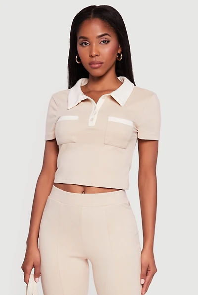 Contrast Trim Cropped Short Sleeve Polo Top