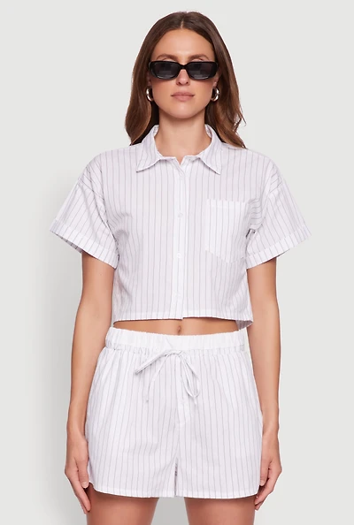 Womens Iris Pinstripe Cropped Shirt, White, Size S