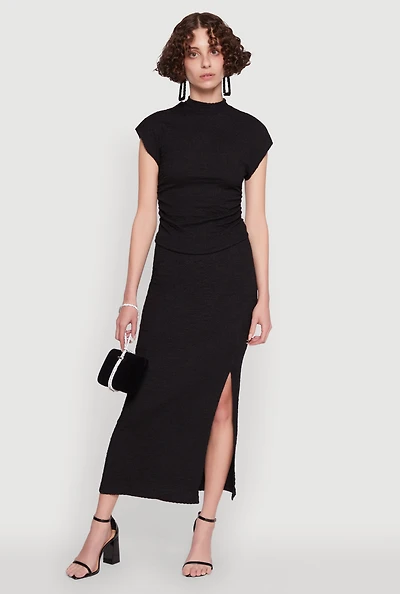 Womens Iris Textured Knit Midi Skirt with Side Slit,