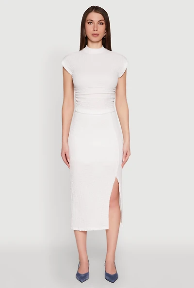 Womens Iris Textured Knit Midi Skirt with Side Slit, White,