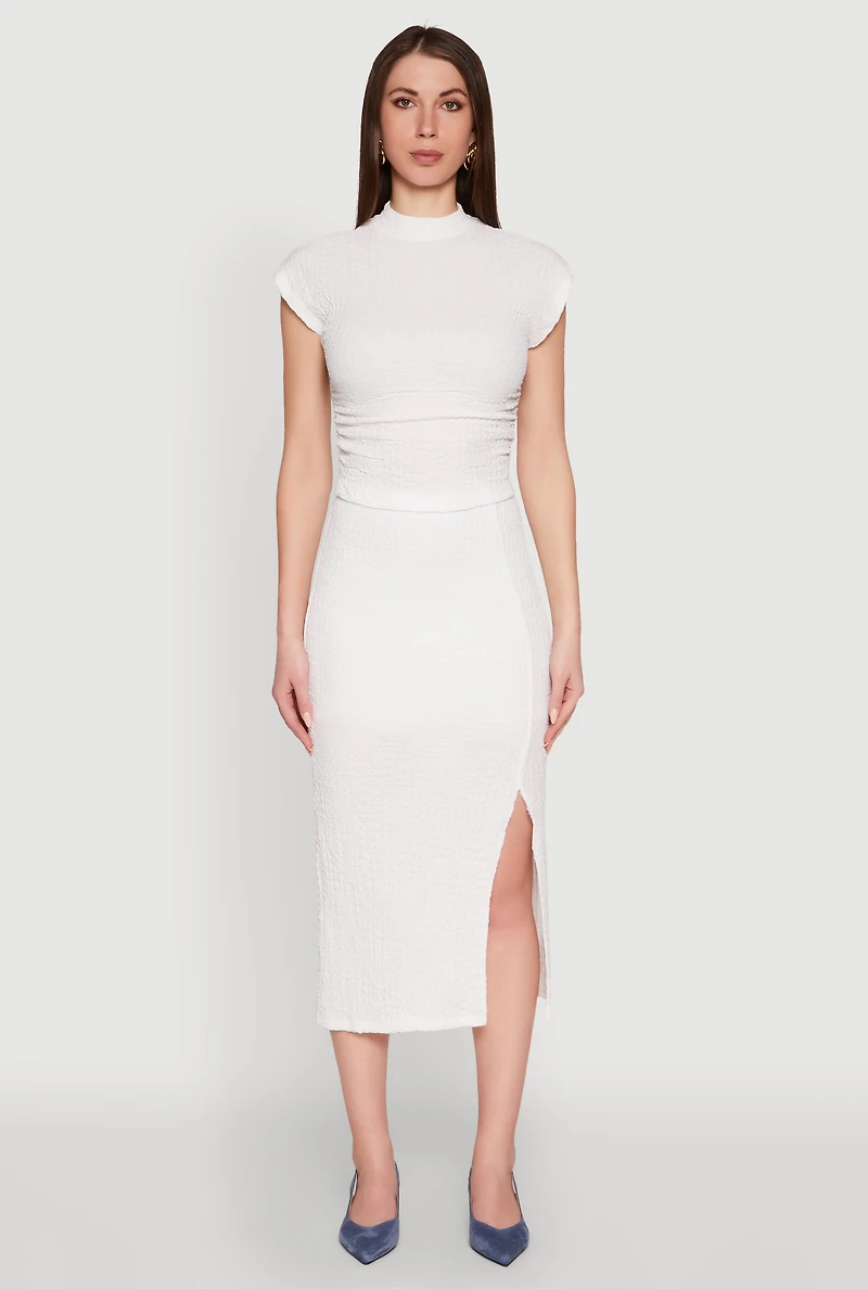 Womens Iris Textured Knit Midi Skirt with Side Slit, White,