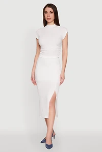 Womens Iris Textured Knit Midi Skirt with Side Slit, White,