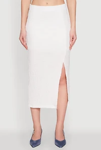 Womens Iris Textured Knit Midi Skirt with Side Slit, White,