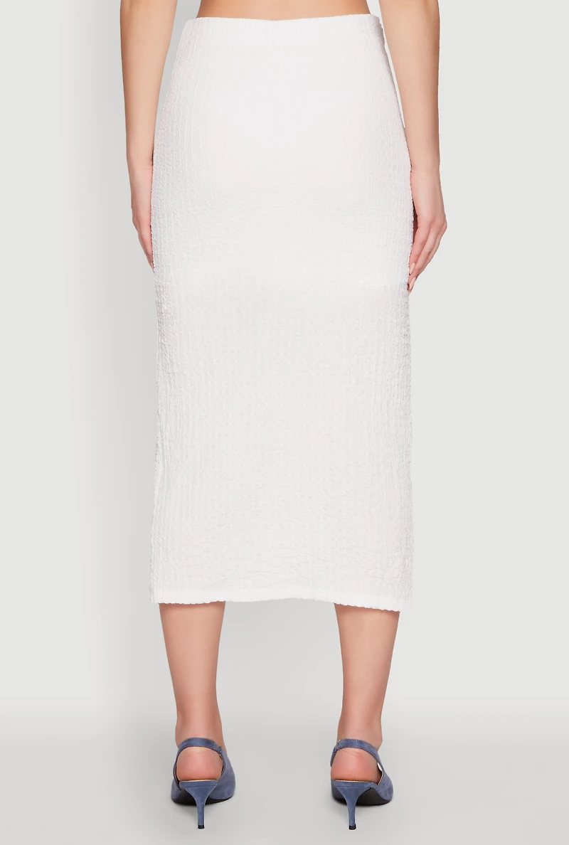 Womens Iris Textured Knit Midi Skirt with Side Slit, White,
