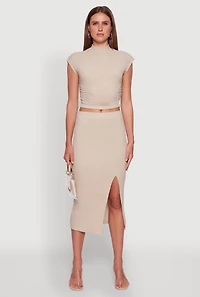 Womens Iris Textured Knit Midi Skirt with Side Slit, Khaki,