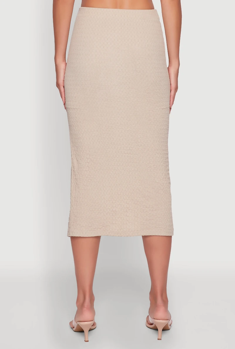 Womens Iris Textured Knit Midi Skirt with Side Slit, Khaki,