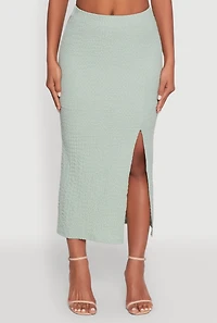Womens Iris Textured Knit Midi Skirt with Side Slit, Green, Size M