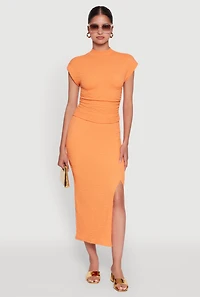Womens Iris Textured Knit Midi Skirt with Side Slit, Orange, Size S