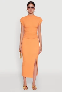 Womens Iris Textured Knit Midi Skirt with Side Slit, Orange, Size S