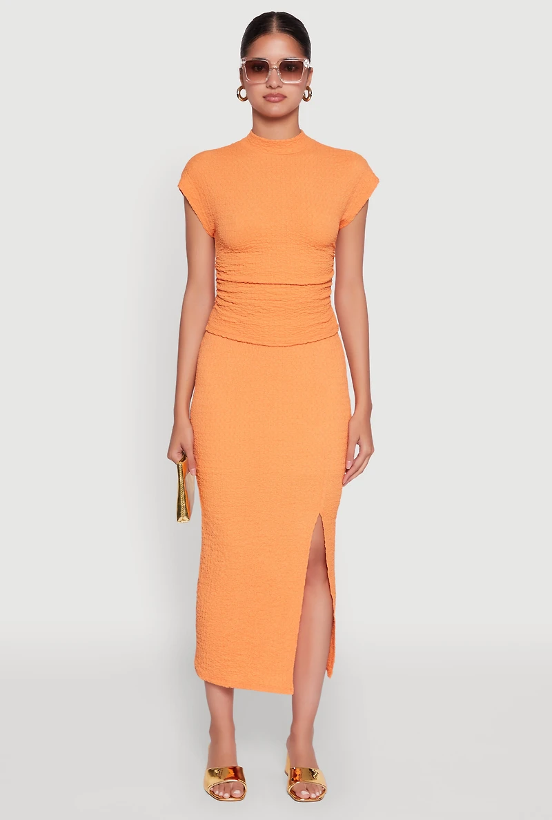 Womens Iris Textured Knit Midi Skirt with Side Slit, Orange, Size S