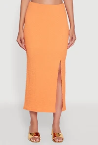 Womens Iris Textured Knit Midi Skirt with Side Slit, Orange, Size S