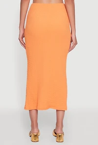 Womens Iris Textured Knit Midi Skirt with Side Slit, Orange, Size S