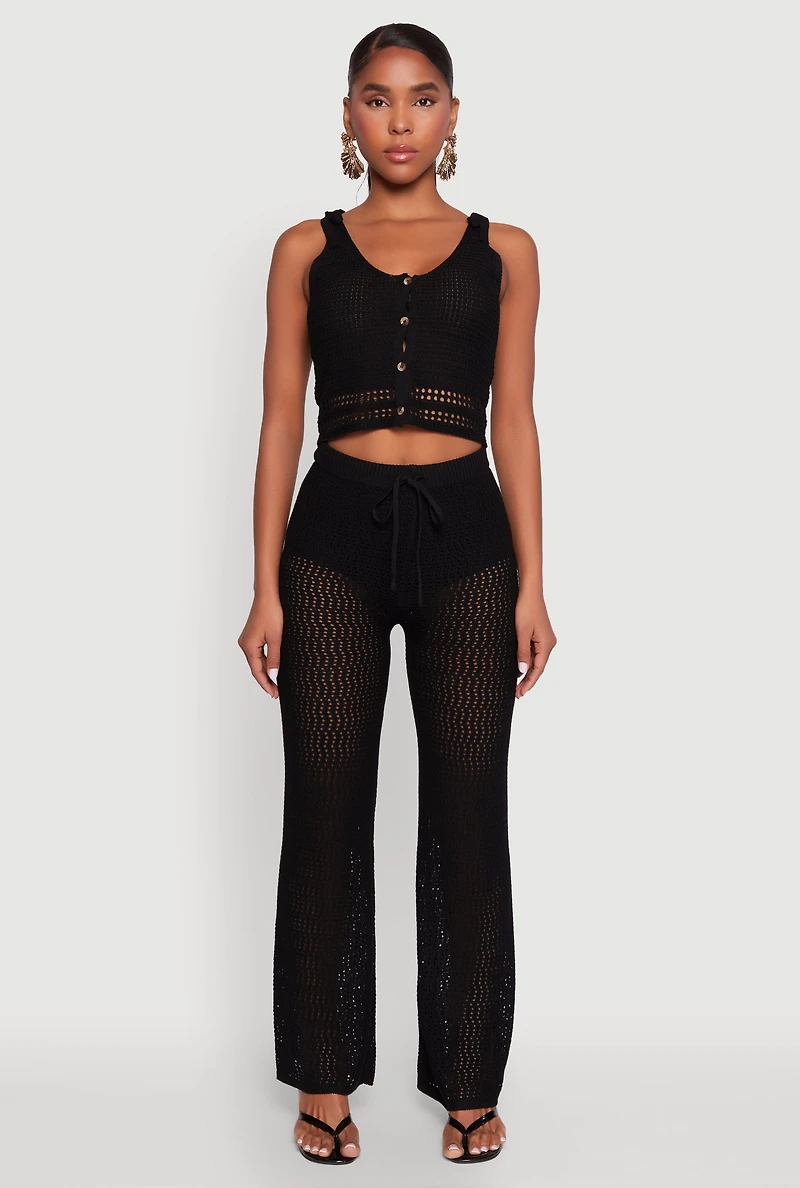 Womens Crochet High Waisted Drawstring Pants, Black, Size M