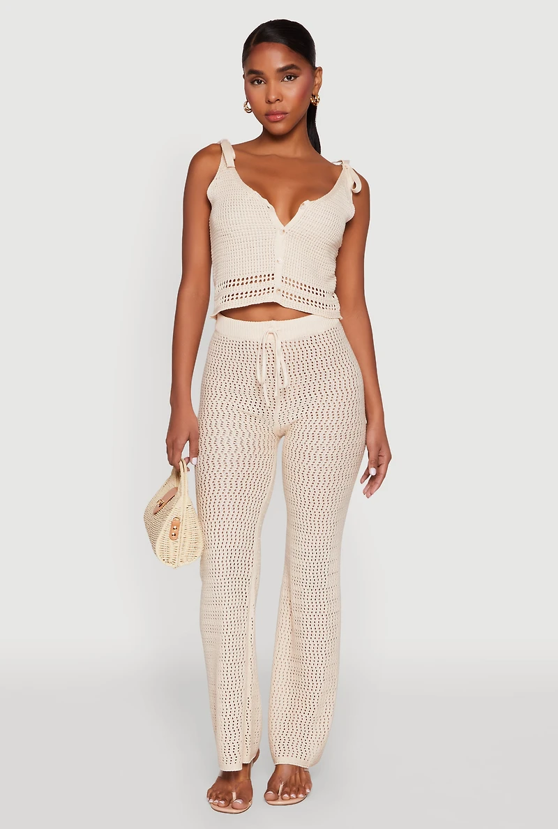 Womens Crochet High Waisted Drawstring Pants, Khaki, Size S