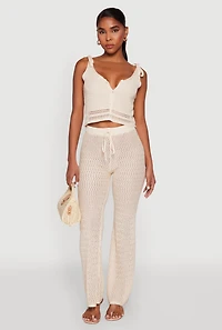Womens Crochet High Waisted Drawstring Pants, Khaki, Size S