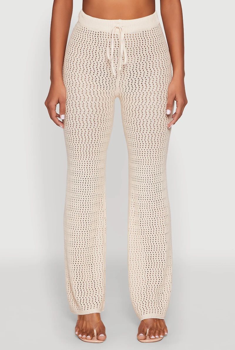 Womens Crochet High Waisted Drawstring Pants, Khaki, Size S
