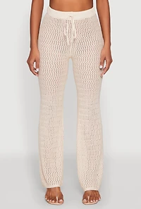 Womens Crochet High Waisted Drawstring Pants, Khaki, Size S