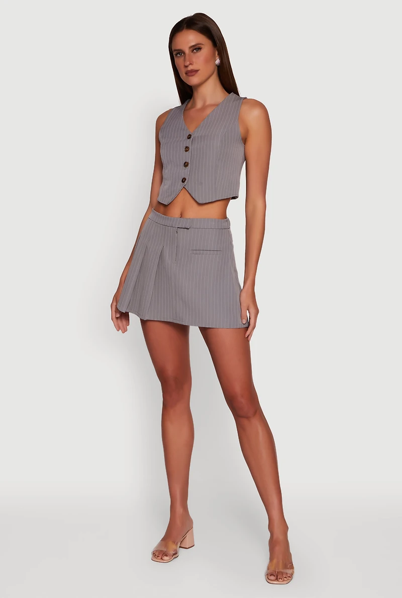 Womens Pinstripe Pleated Mini Skirt, Grey, Size S