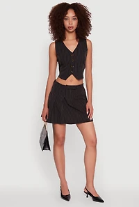 Womens Pinstripe Pleated Mini Skirt, Black, Size L