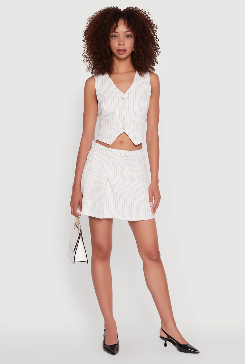 Womens Pinstripe Pleated Mini Skirt, White, Size L