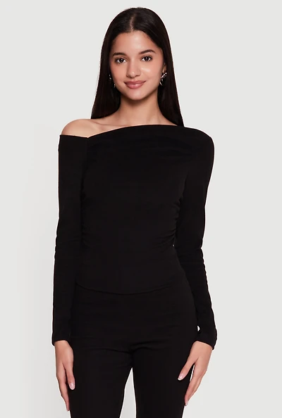 Brushed Rib Knit Long Sleeve One Shoulder Top