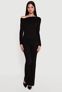 Brushed Rib Knit Long Sleeve One Shoulder Top