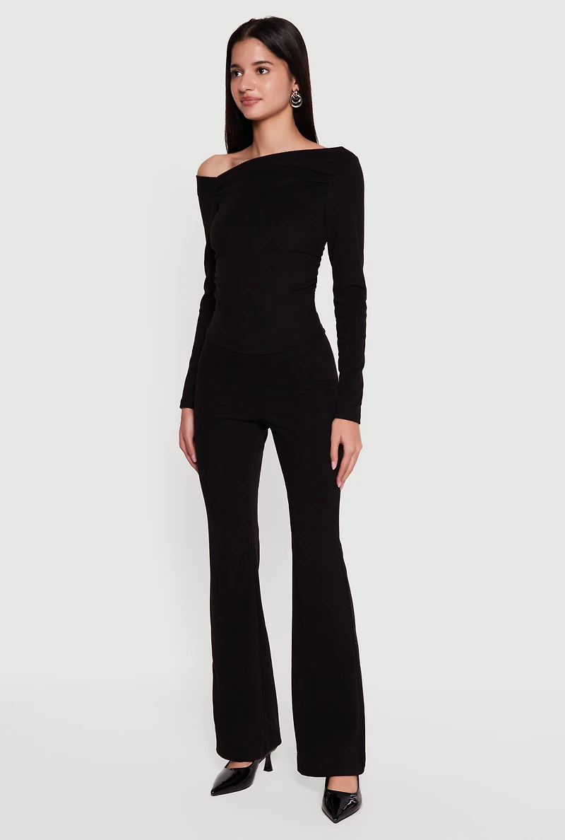 Brushed Rib Knit Long Sleeve One Shoulder Top