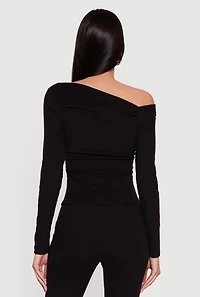 Brushed Rib Knit Long Sleeve One Shoulder Top