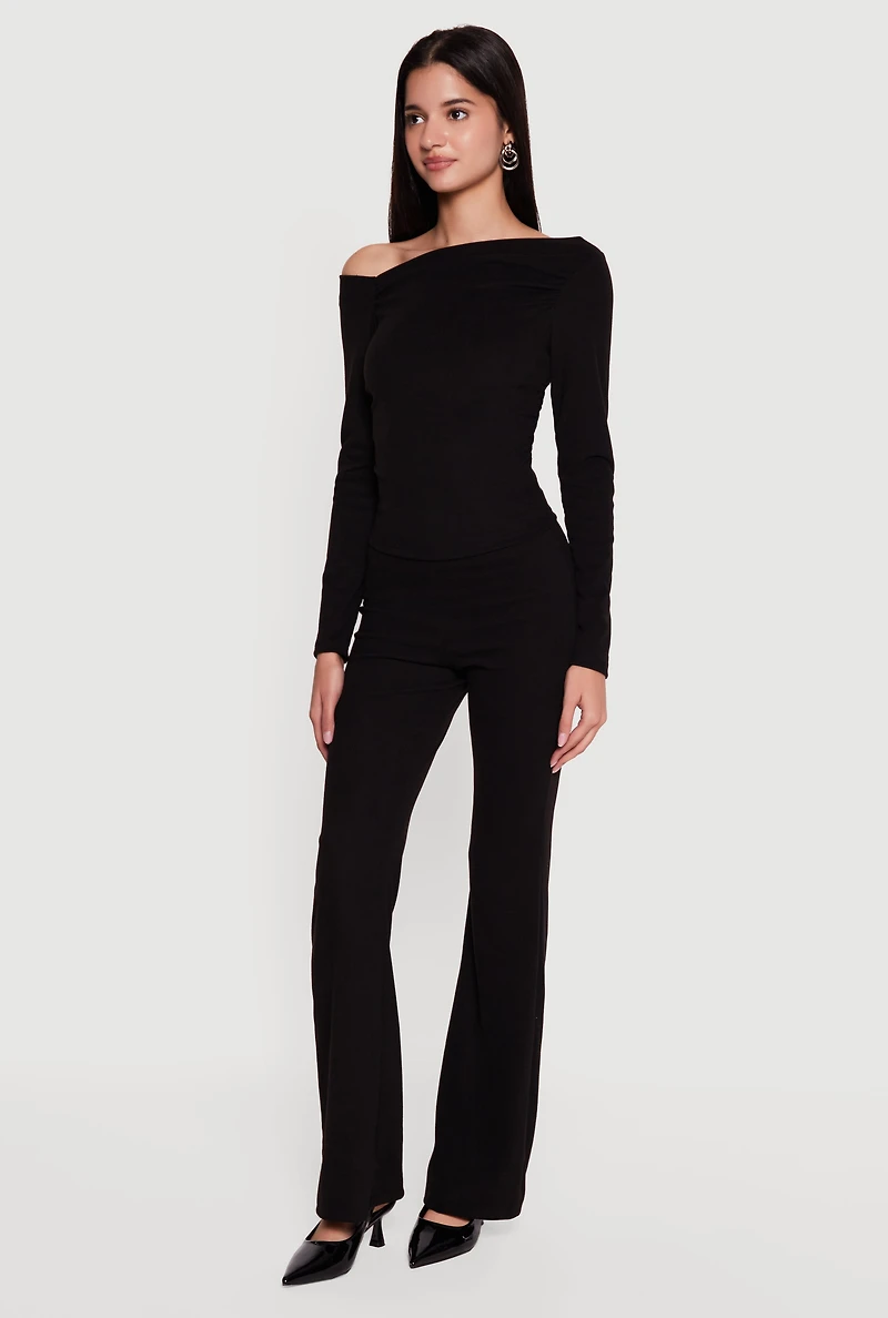 Brushed Rib Knit High Waisted Flare Pants