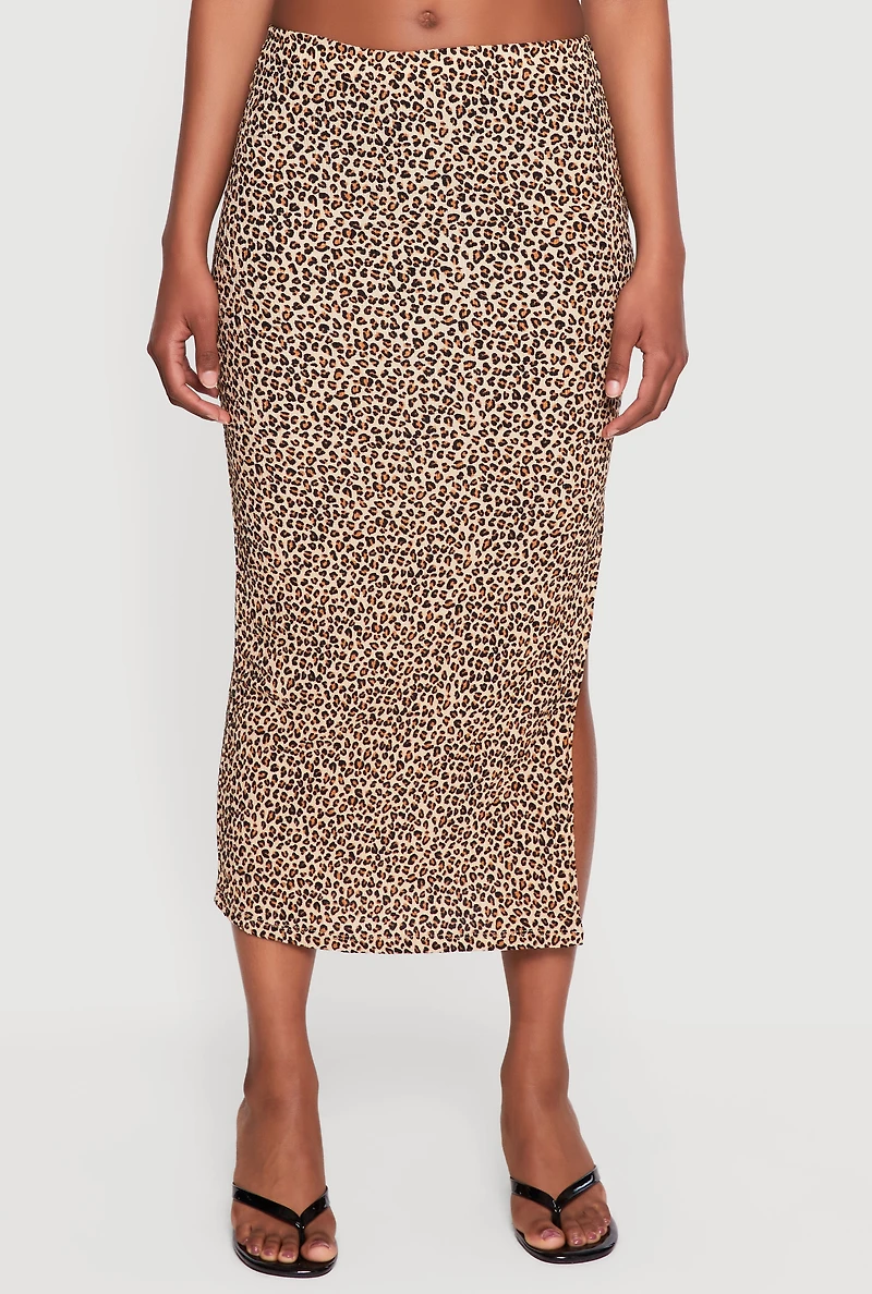 Leopard Print Side Slit Midi Skirt