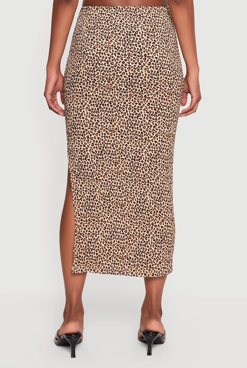 Leopard Print Side Slit Midi Skirt