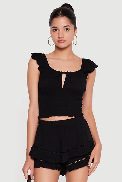 Tie Front Cap Sleeve Peasant Top