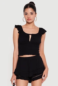 Tie Front Cap Sleeve Peasant Top