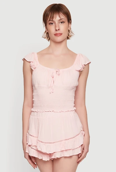 Tie Front Cap Sleeve Peasant Top
