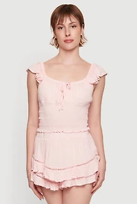 Tie Front Cap Sleeve Peasant Top