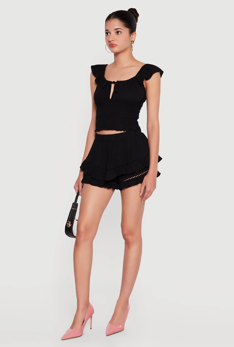 Tiered Ruffle Shorts with Crochet Detail