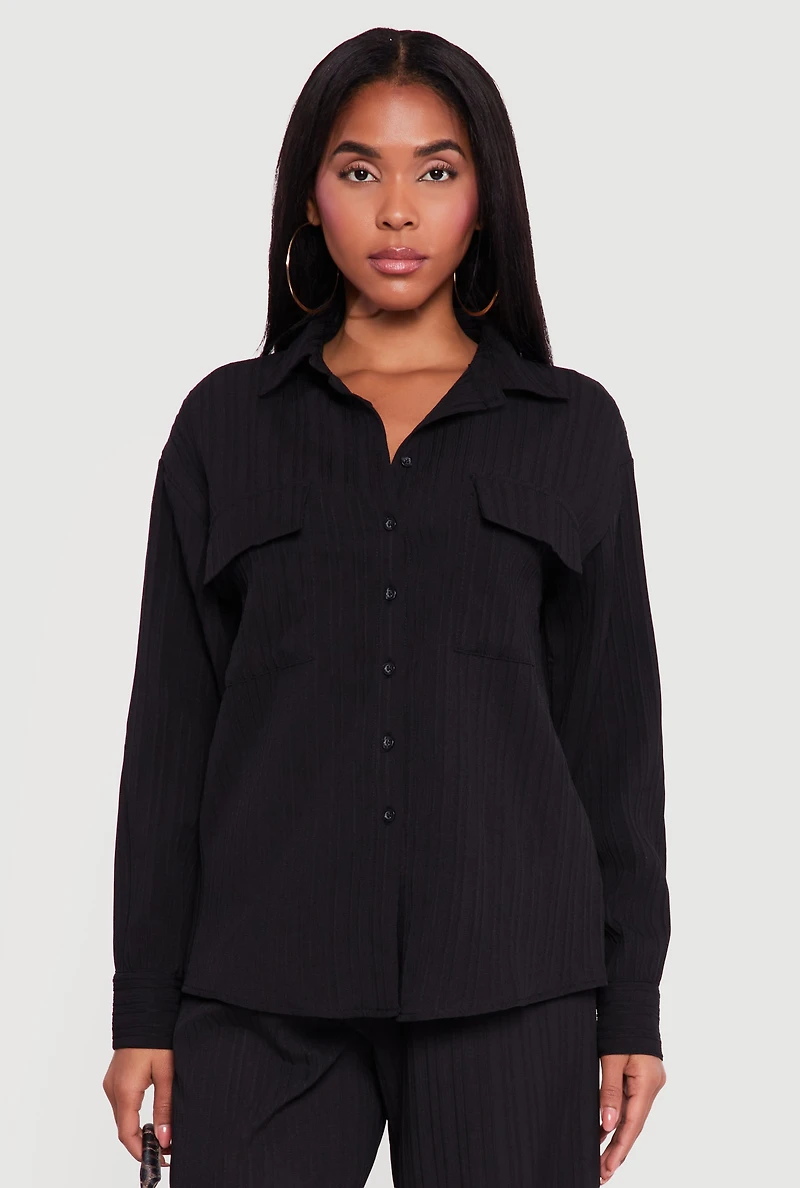 Ribbed Knit Button Front Collared Blouse