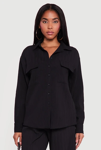 Ribbed Knit Button Front Collared Blouse