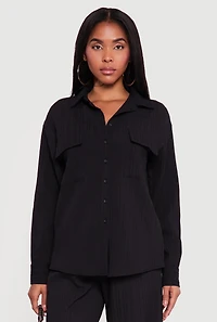 Ribbed Knit Button Front Collared Blouse