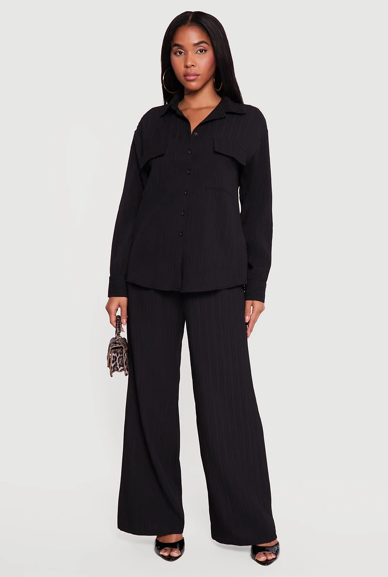 Ribbed Knit Button Front Collared Blouse