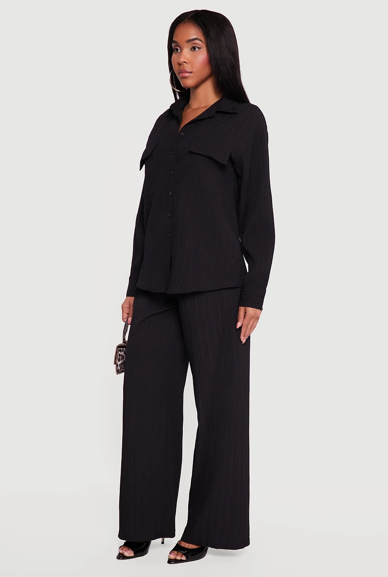 Ribbed Knit Button Front Collared Blouse