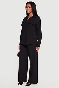 Ribbed Knit Button Front Collared Blouse