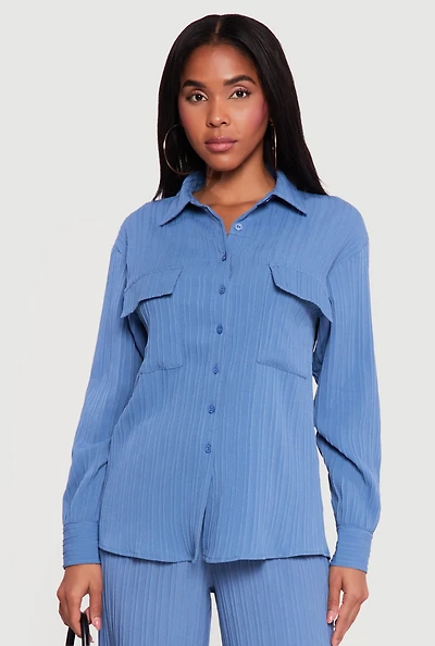Ribbed Knit Button Front Collared Blouse