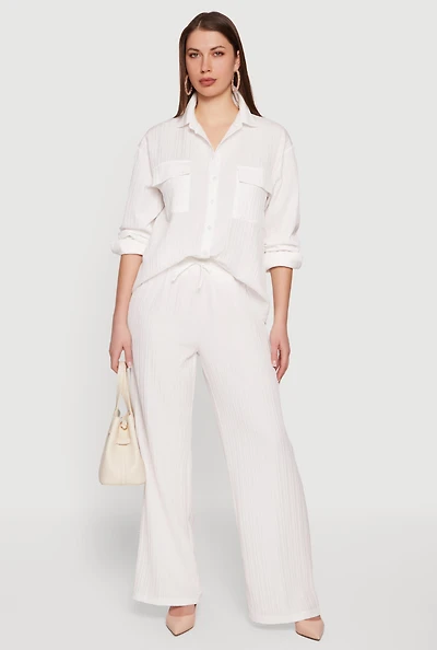 Ribbed Knit Drawstring Waist Wide Leg Pants