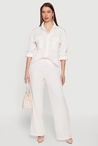 Ribbed Knit Drawstring Waist Wide Leg Pants